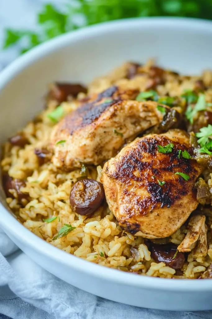 Bowl of seasoned chicken served over rice mixed with sausage and herbs.