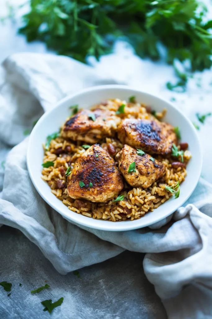 Final shot of the one-pot chicken & dirty rice recipe, highlighting its hearty texture.