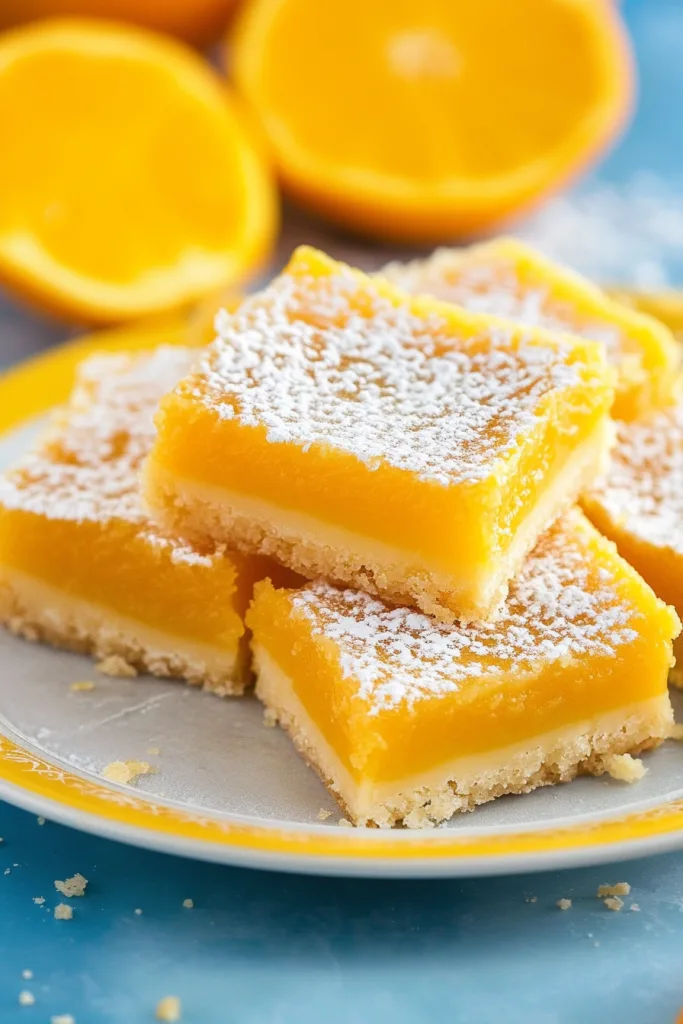 Final plated bars with a glossy citrus layer and light sugar topping.