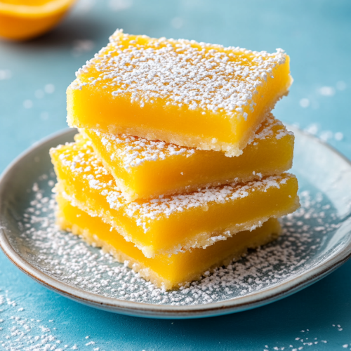 Bright citrus dessert squares stacked on a plate with a dusting of powdered sugar.