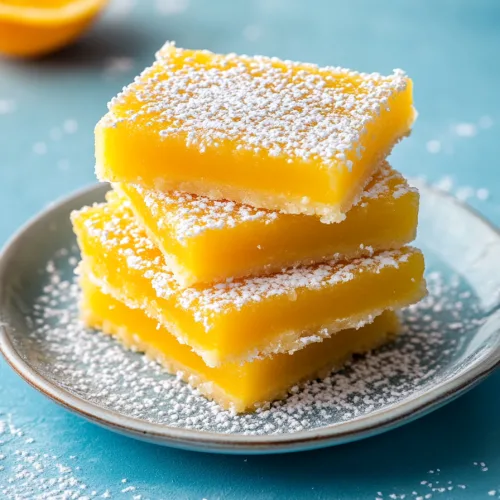 Bright citrus dessert squares stacked on a plate with a dusting of powdered sugar.