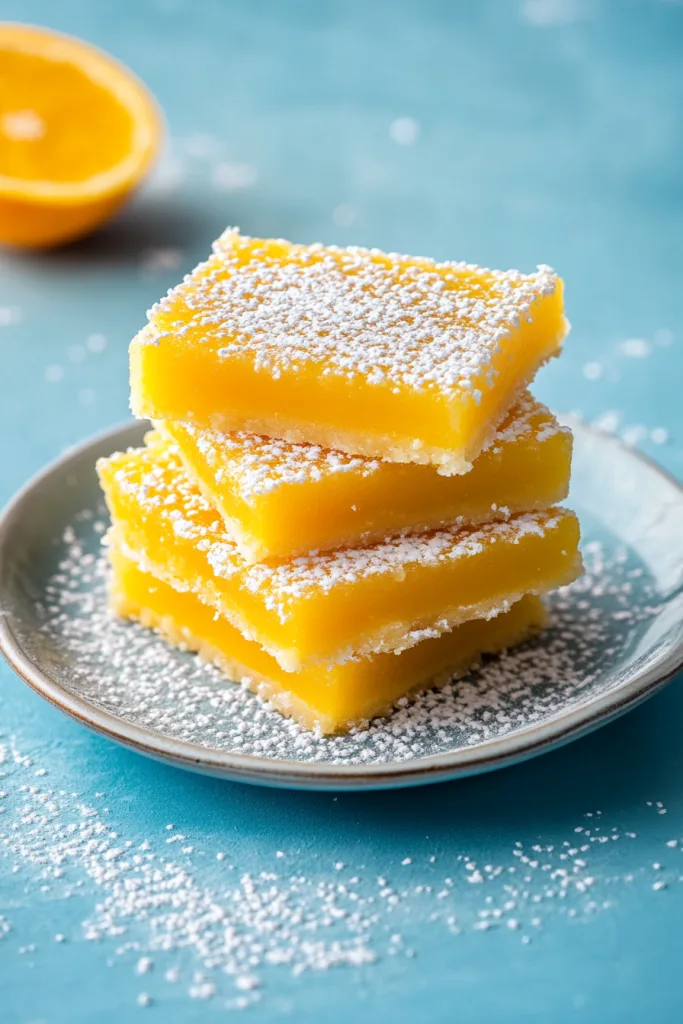 Bright citrus dessert squares stacked on a plate with a dusting of powdered sugar.