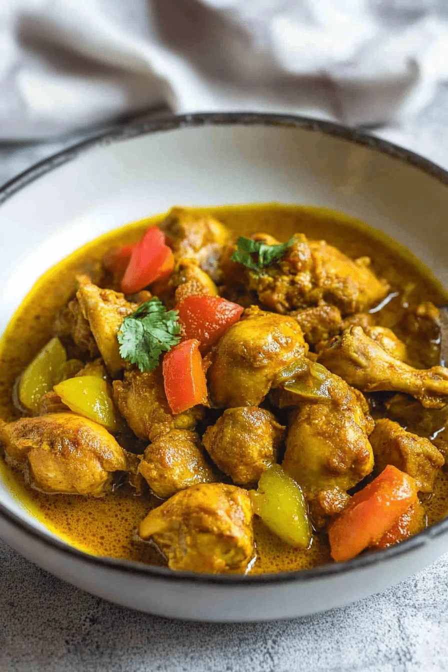 Hearty Jamaican curry chicken presented on a light surface, highlighting the rich golden-brown sauce.