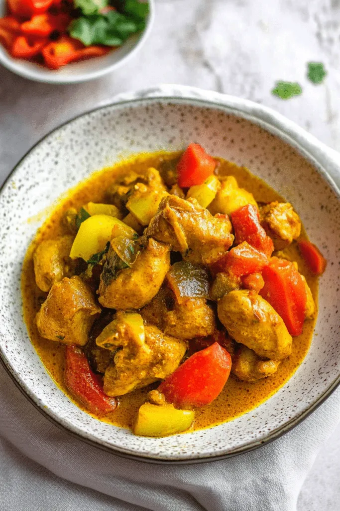 Golden curry chicken served in a white bowl, garnished with fresh cilantro and colorful bell peppers.
