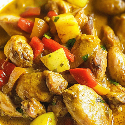 Original Jamaican Curry Chicken Recipe finished dish, showcasing bold colors and creamy texture.