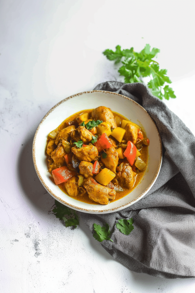Final plated dish showing chicken simmered in aromatic curry with fresh herbs sprinkled on top.
