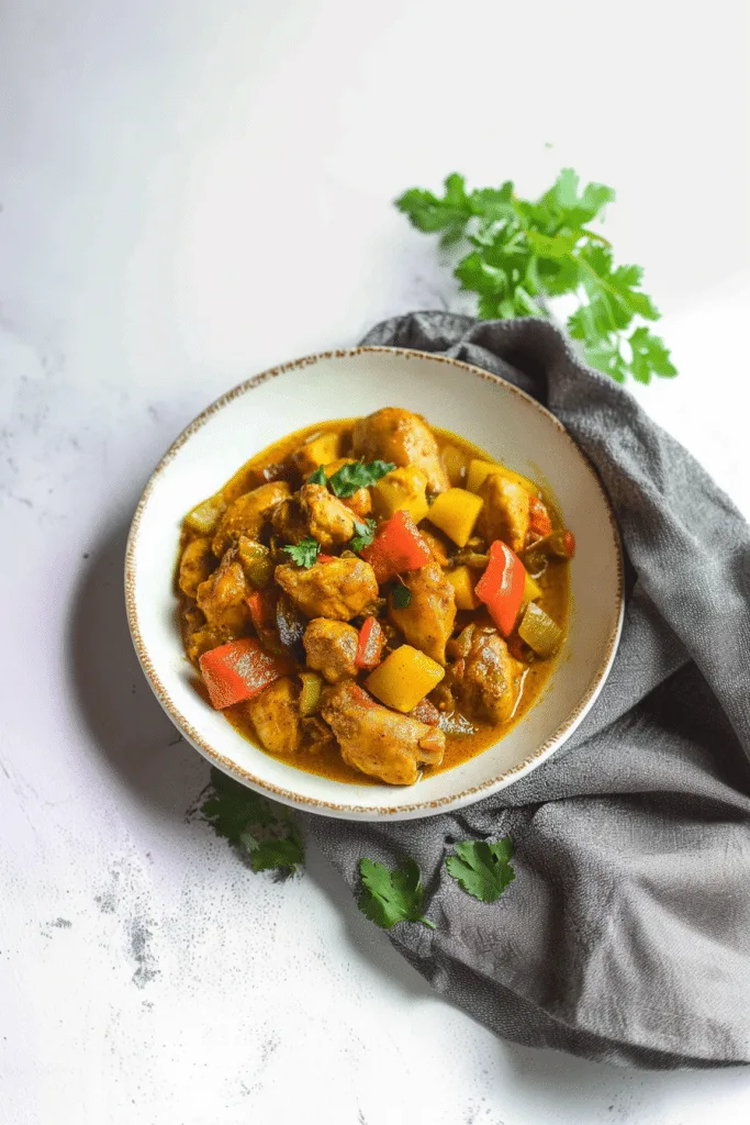 Final plated dish showing chicken simmered in aromatic curry with fresh herbs sprinkled on top.