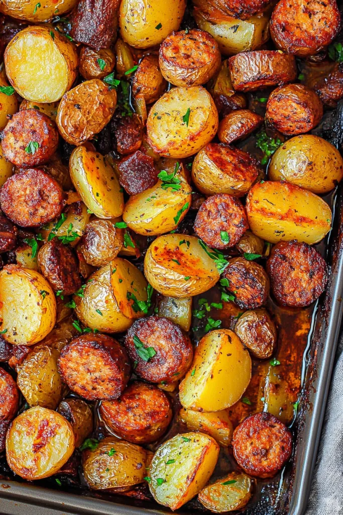 Golden-brown roasted potatoes with crisp edges and fresh herbs.