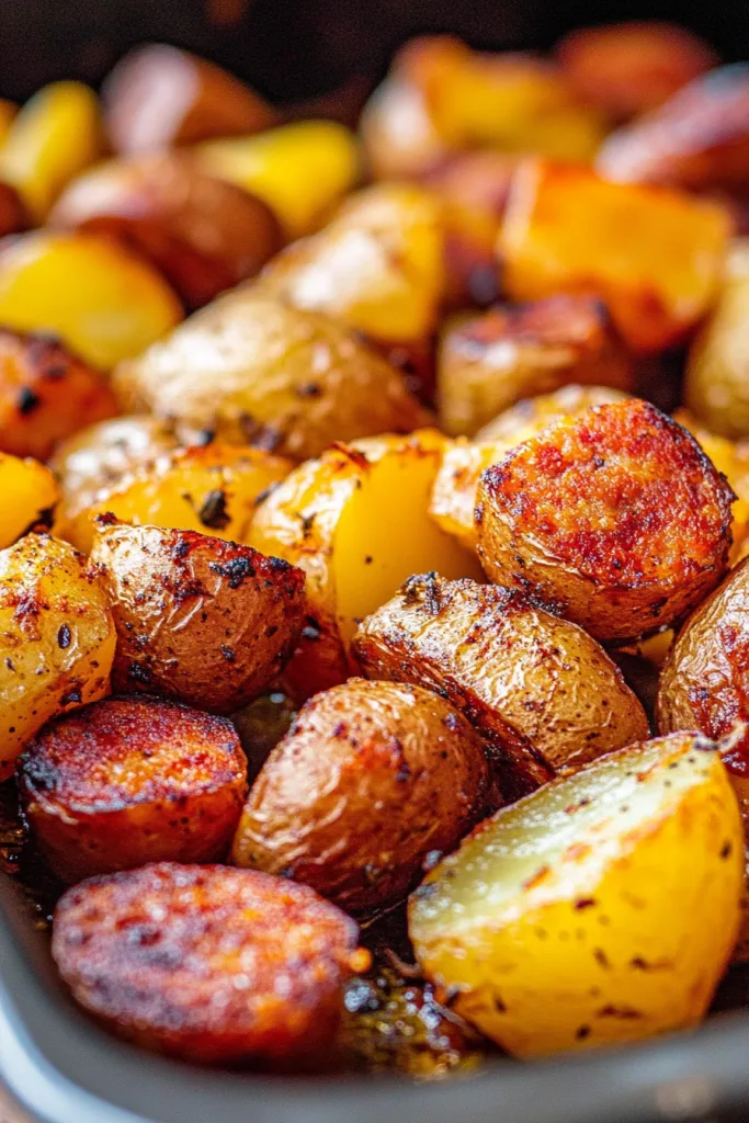 Hearty roasted potatoes glistening with seasoning and herbs.