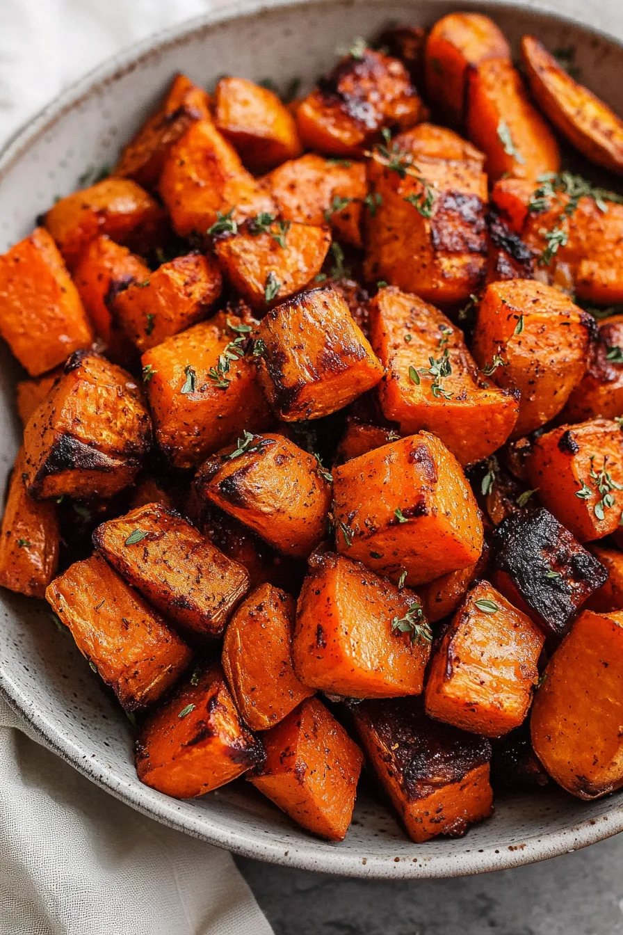 Warm roasted sweet potato cubes arranged neatly, showing a glossy finish from herbs and spices.