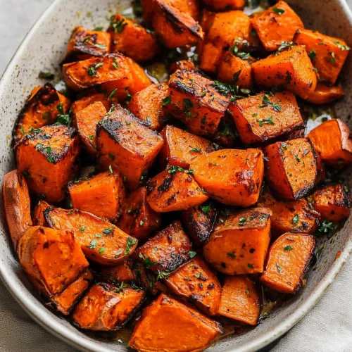 Final presentation of roasted sweet potatoes, crisp edges contrasting with tender centers.