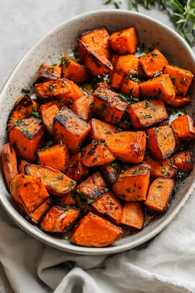 Final presentation of roasted sweet potatoes, crisp edges contrasting with tender centers.