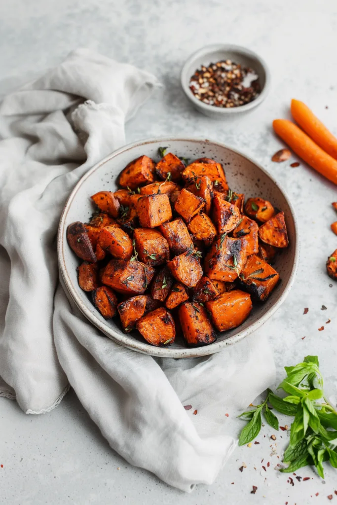 Bowl of golden-brown roasted sweet potato cubes with lightly charred edges and fresh herbs sprinkled on top.