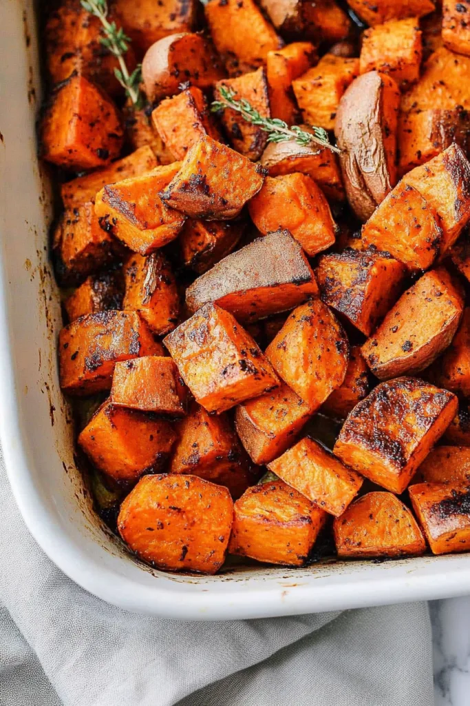 Close-up of evenly cut sweet potato chunks glistening with olive oil and seasoning.