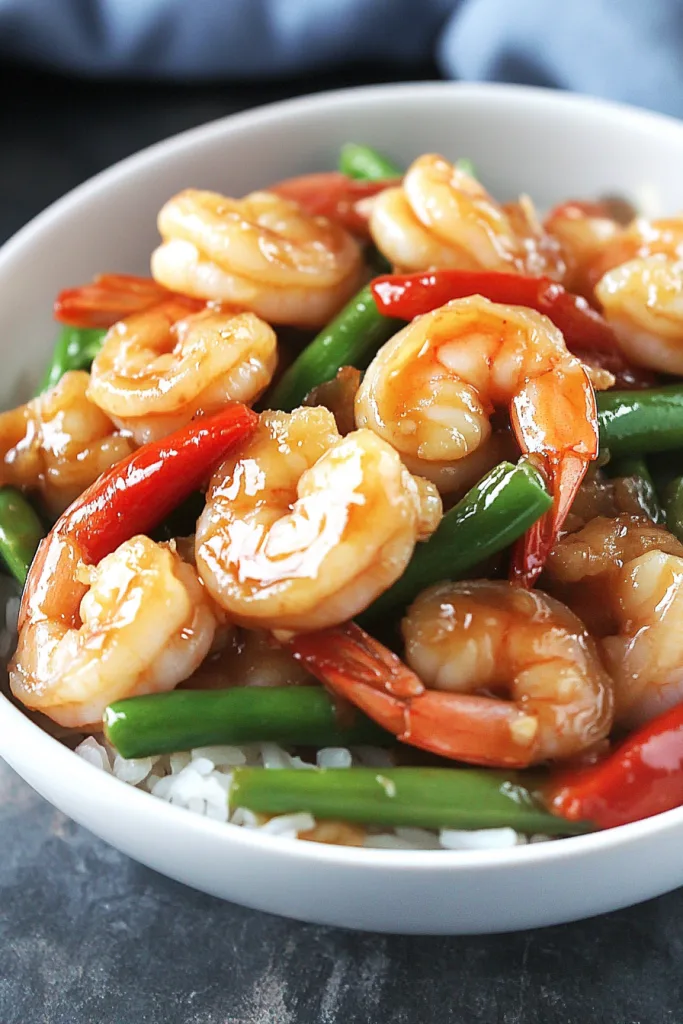 Savory shrimp dish with colorful peppers and beans, captured with rich textures and sheen.