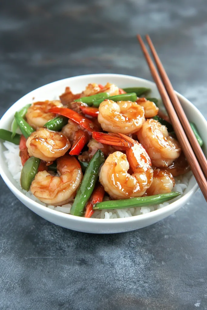Vibrant stir-fry highlighting the contrast of shiny shrimp, crisp vegetables, and white rice.