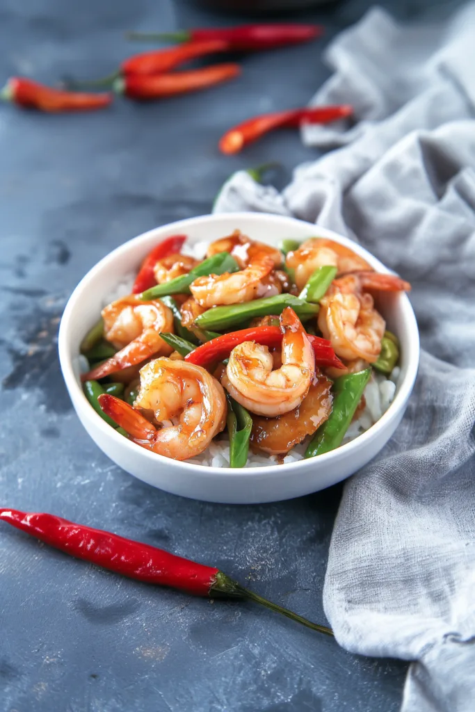 A bowl of shrimp stir-fry served over white rice, with glossy sauce coating the shrimp and vegetables.