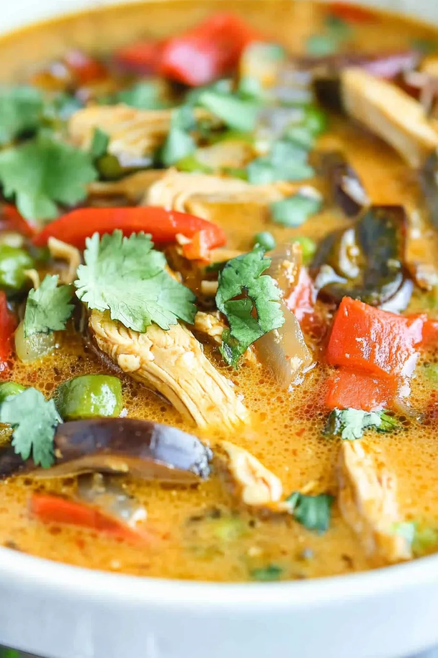 Warm chicken and vegetable soup highlighting its texture and bright colors.