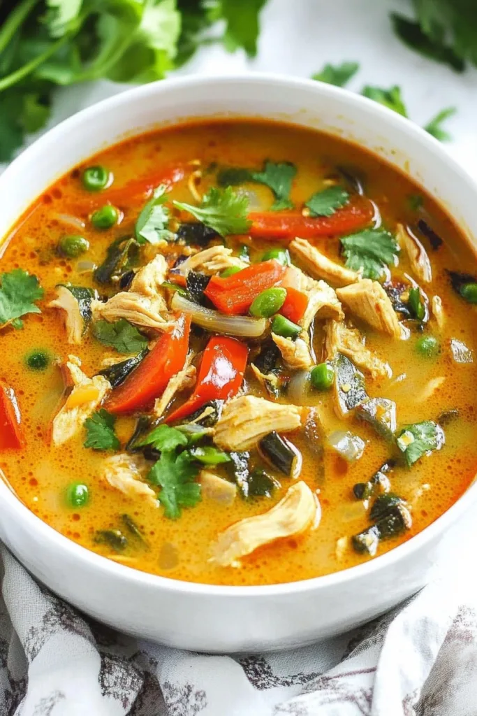 Rich orange broth served in a white bowl, garnished with cilantro leaves.