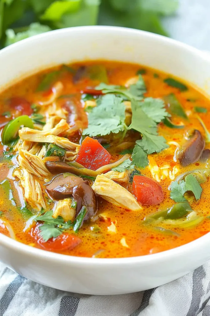 Soup styled on a striped cloth, with fresh tomatoes and greens in the background.
