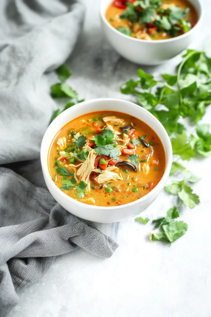 Bowl of vibrant chicken soup with mushrooms, peppers, and fresh herbs.