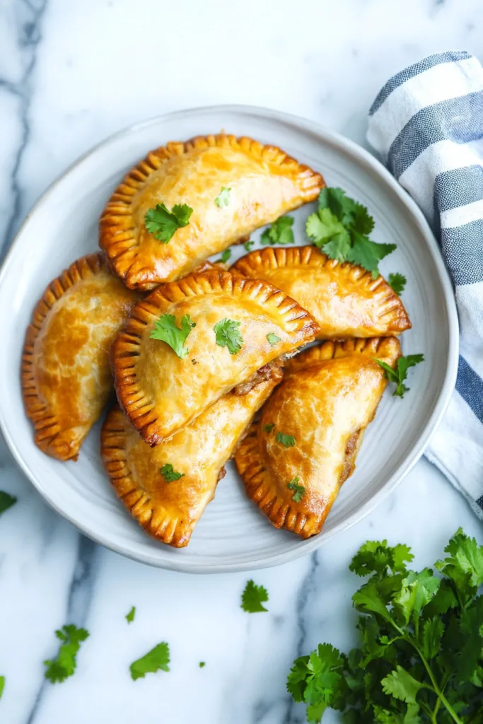 Golden-brown empanadas arranged on a plate, garnished with fresh cilantro leaves.