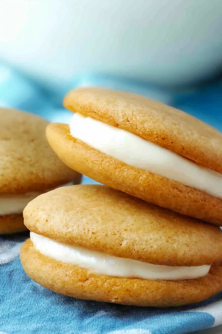 Soft golden sandwich cookies with thick white cream filling, styled against a blue cloth.