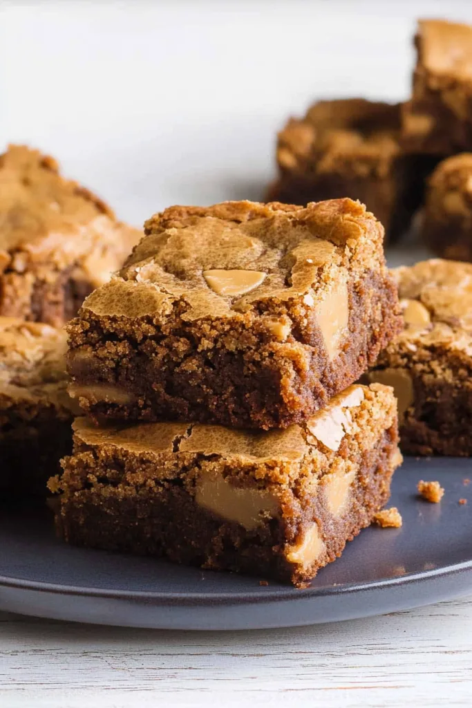 Close-up of dense brownies showing a rich, moist texture and glossy surface.