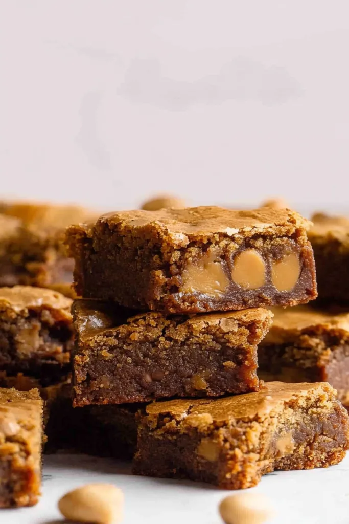 Stacked blondie-style bars with a golden crust and chewy interior dotted with caramel pieces.
