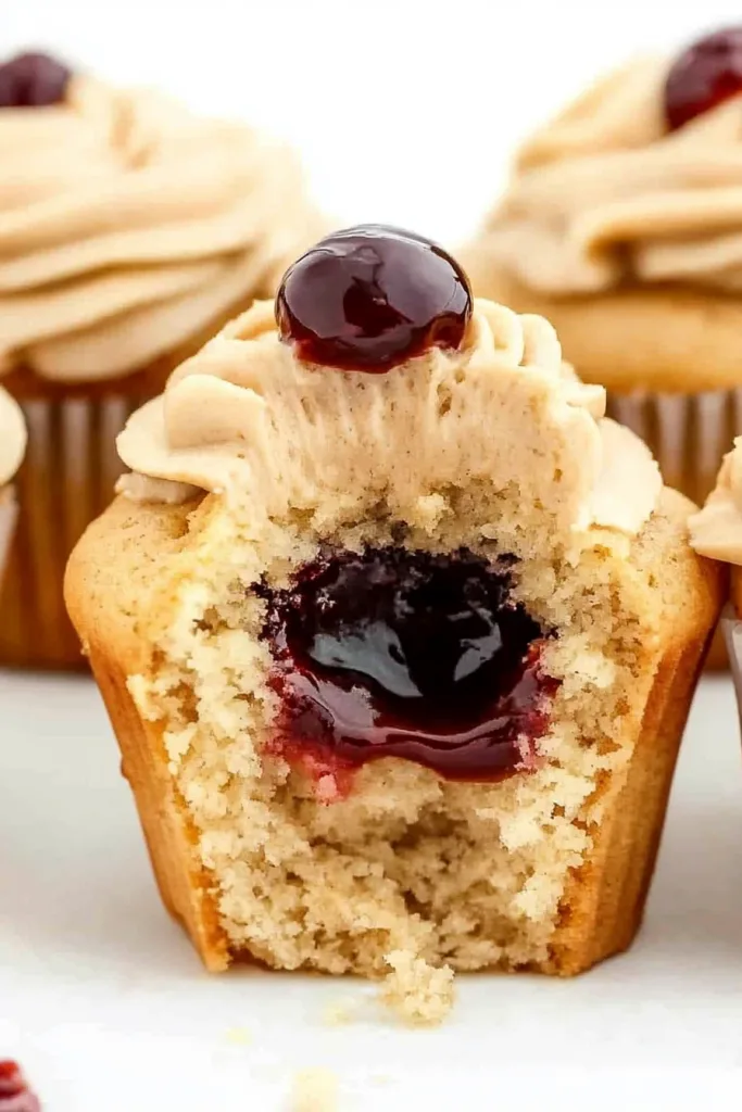 Close-up of frosted cupcakes with a glossy jam center on a light surface.