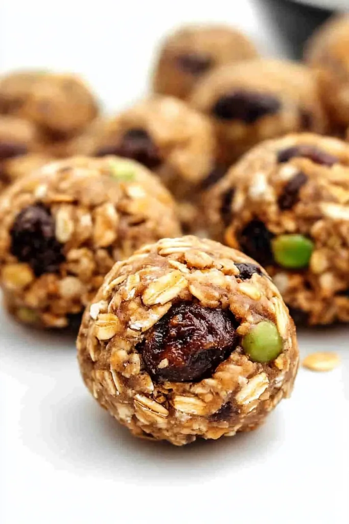 Compact snack balls highlighting their dense, textured mix of oats and seeds.