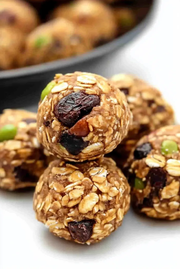 Cluster of homemade energy bites arranged neatly on a light background.