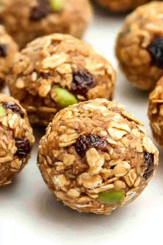 Close-up of chewy granola bites showing oats, nut pieces, and dried fruit.