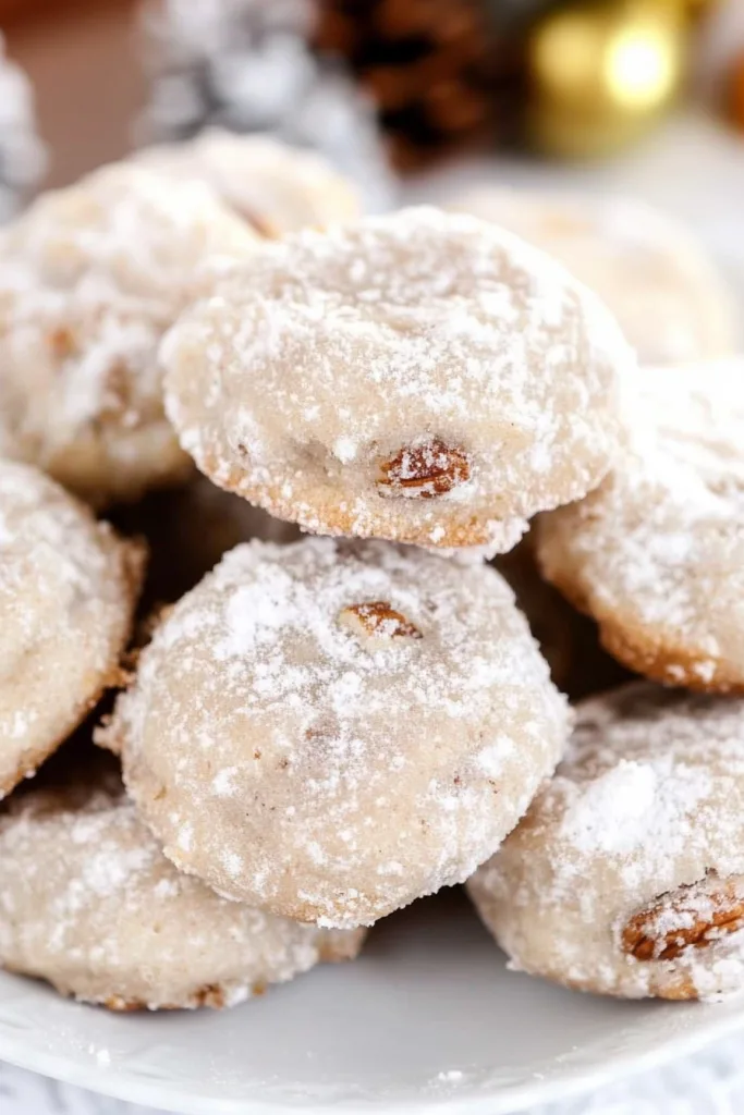 Plate of snowโlike cookies dusted heavily with sugar