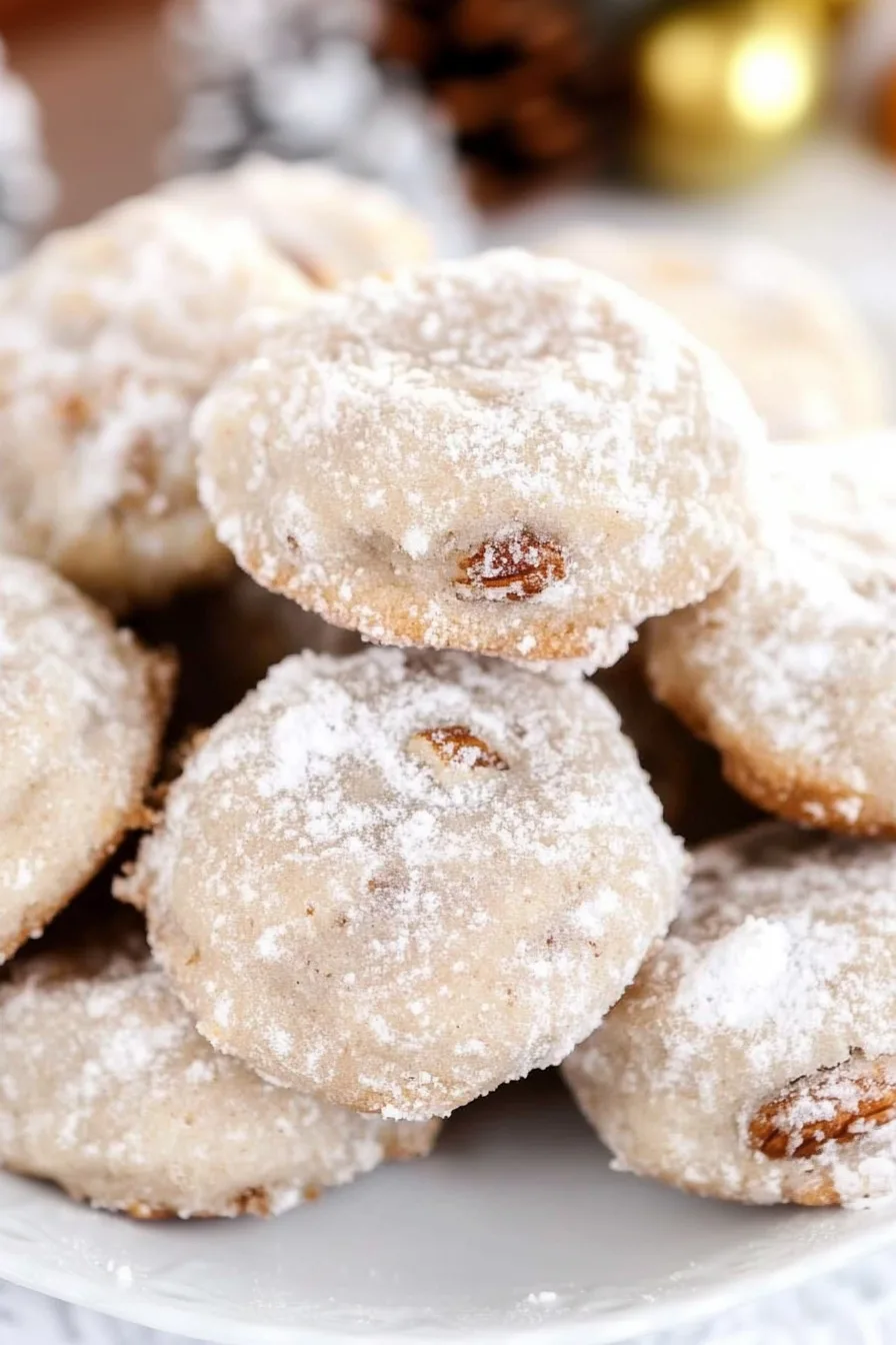Plate of snowโlike cookies dusted heavily with sugar