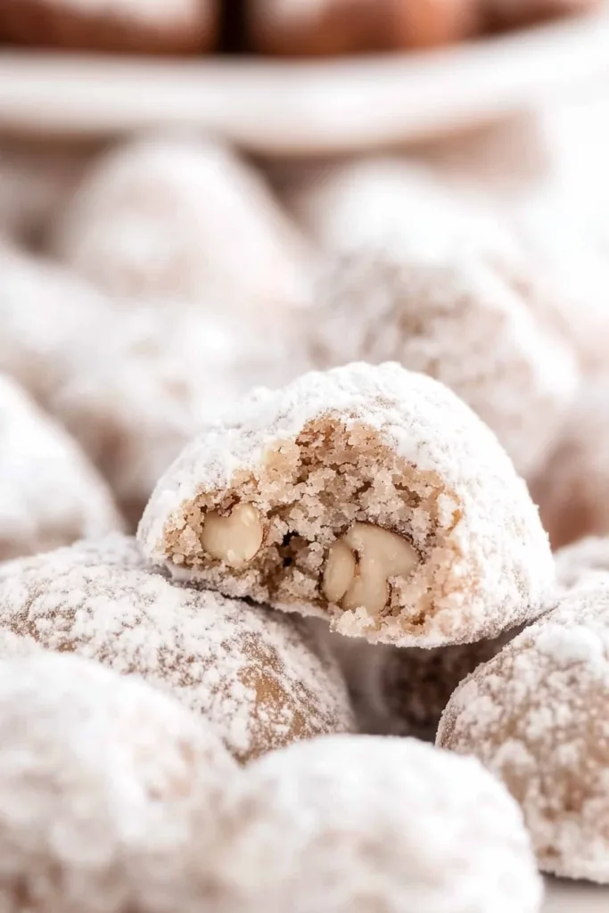 Cookie broken open to reveal nutty interior with chopped pecans