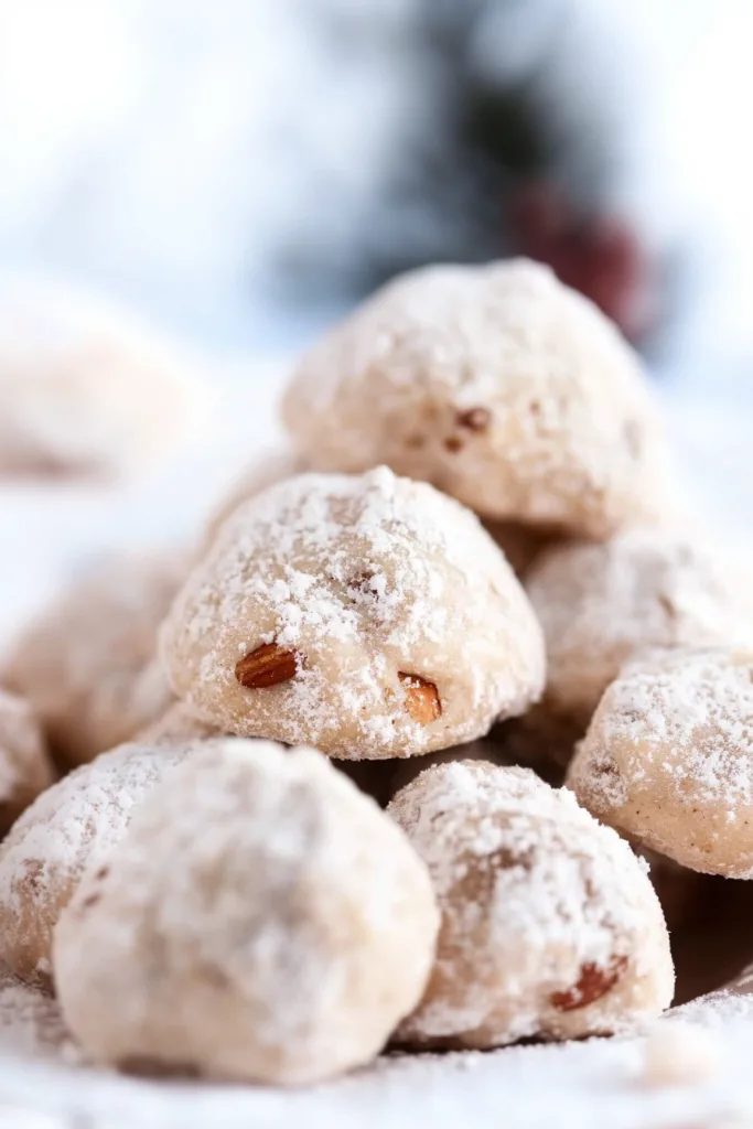 Stack of sugarโcovered cookies showing soft, nutโfilled center