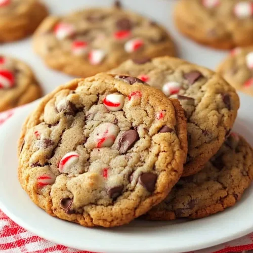 Golden cookies studded with chocolate chips and peppermint candy pieces.