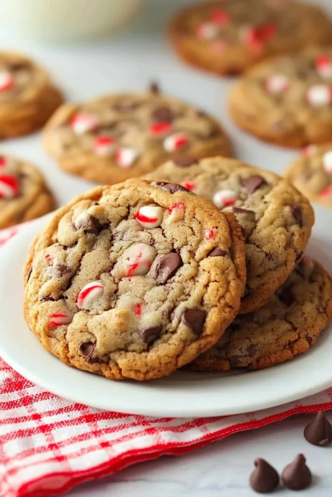 Golden cookies studded with chocolate chips and peppermint candy pieces.