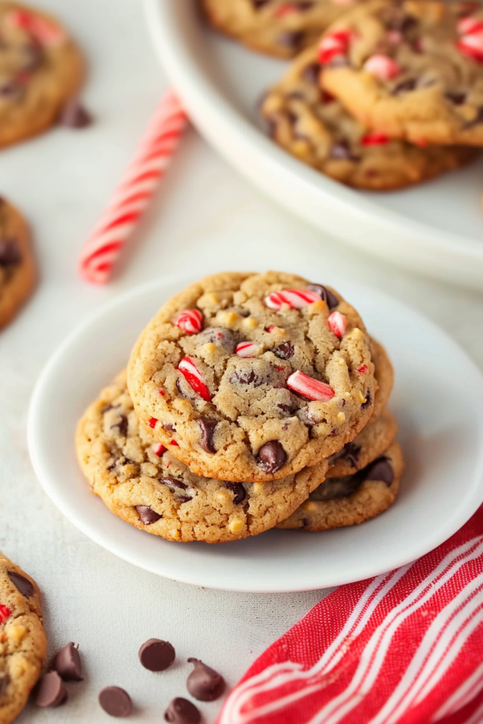 Stack of holiday cookies showcasing chewy texture and bright peppermint bits.