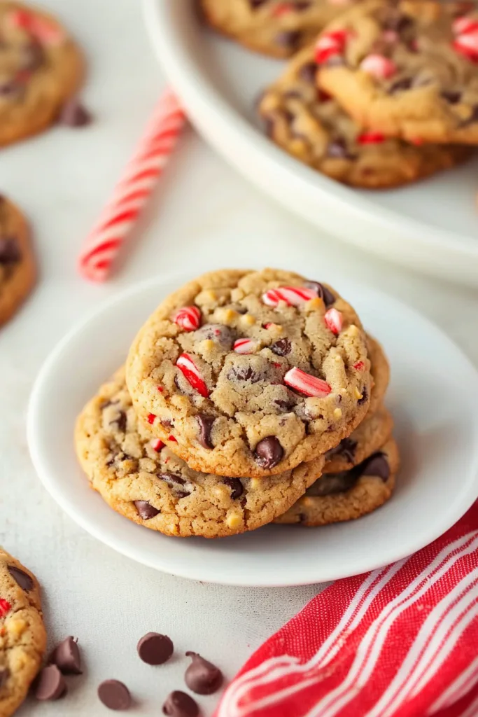 Stack of holiday cookies showcasing chewy texture and bright peppermint bits.
