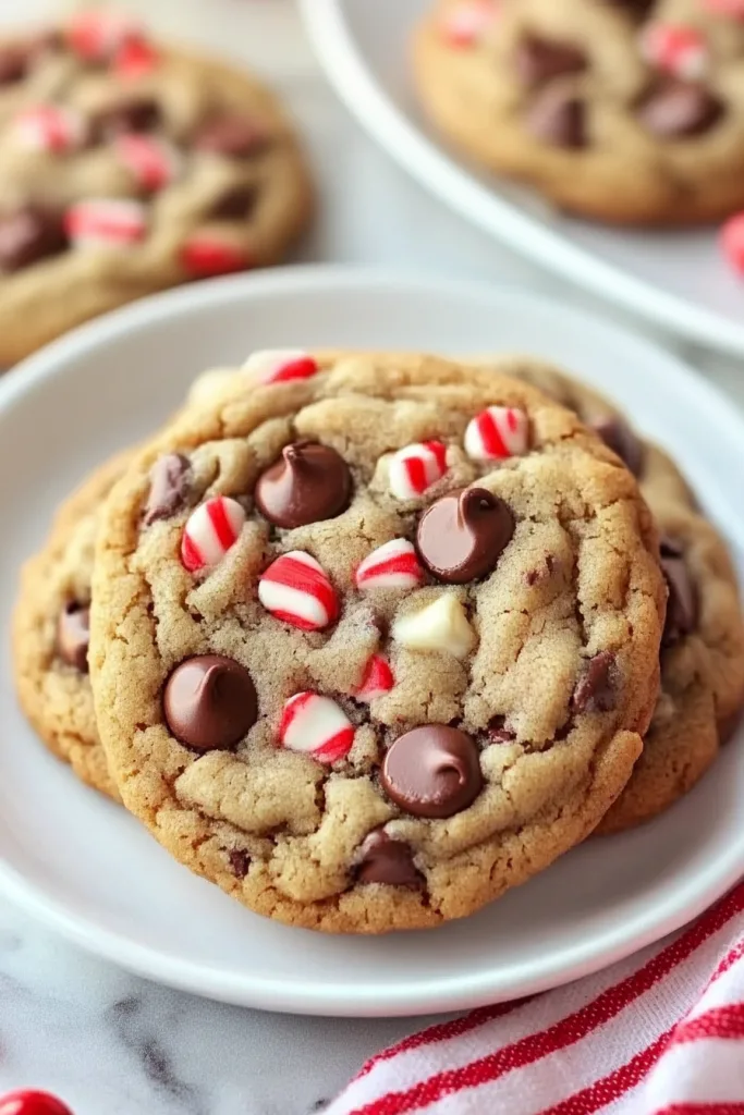 Cookies on a white plate highlighting melty chocolate and peppermint crunch.