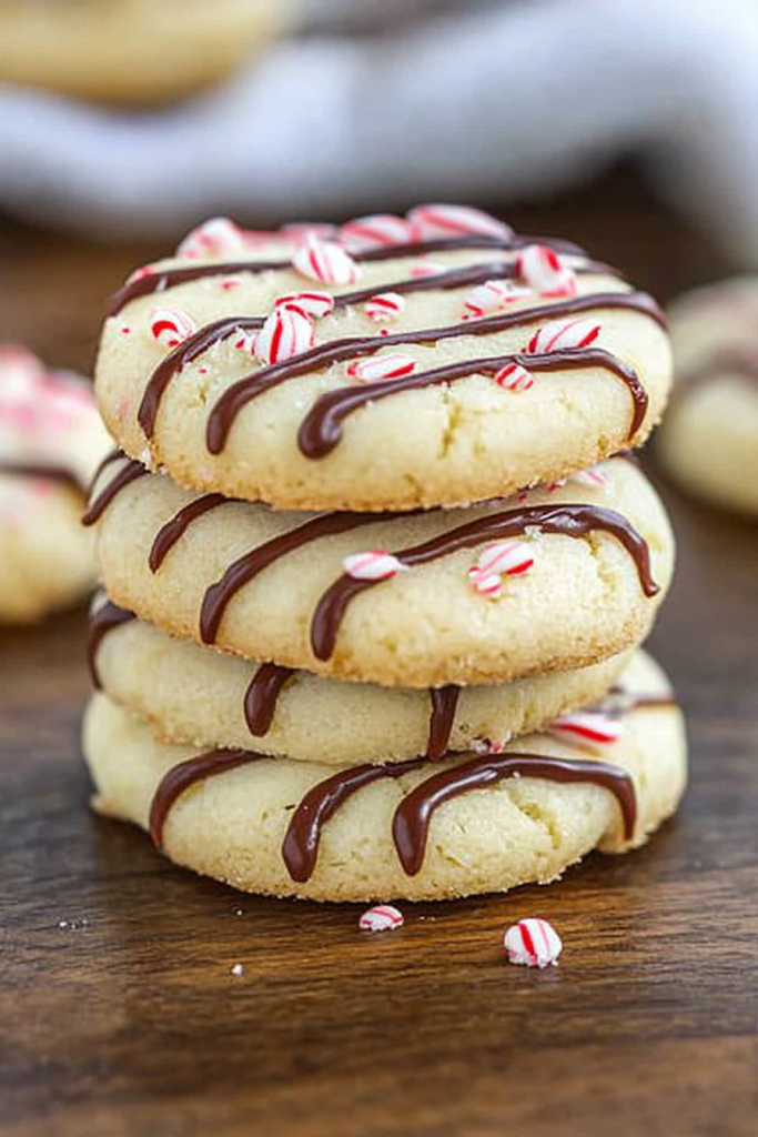 Round cookies drizzled with chocolate and sprinkled with crushed peppermint.