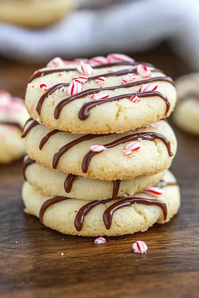 Round cookies drizzled with chocolate and sprinkled with crushed peppermint.
