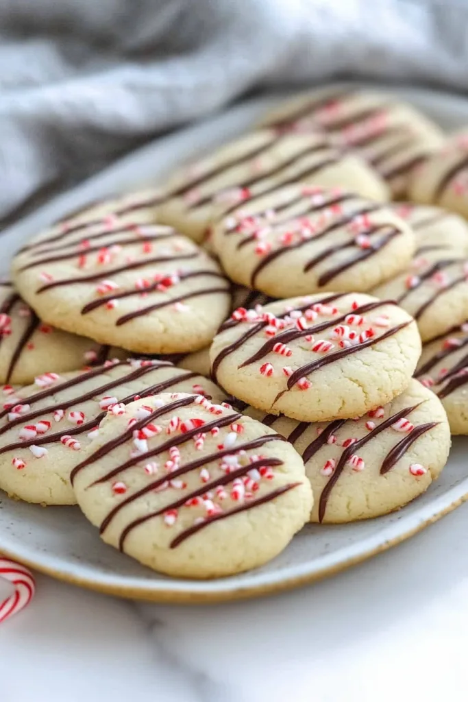 Plate of holiday cookies decorated with thin chocolate lines and peppermint bits.