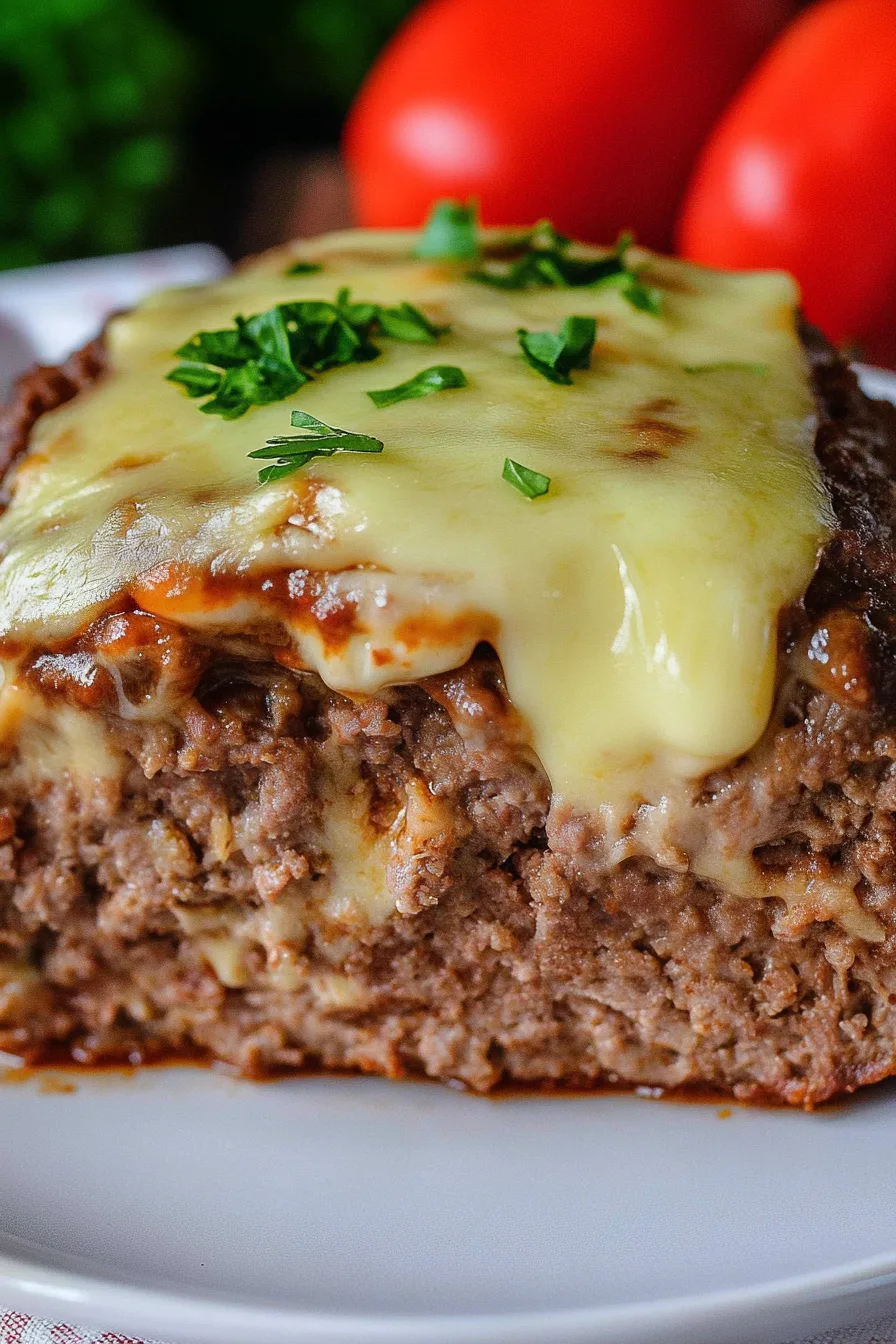 A thick slice of meatloaf topped with melted cheese and fresh herbs.