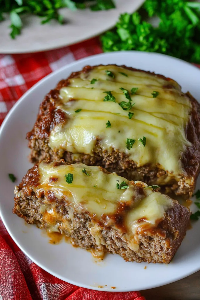 Golden-brown meatloaf with creamy cheese cascading over the surface.