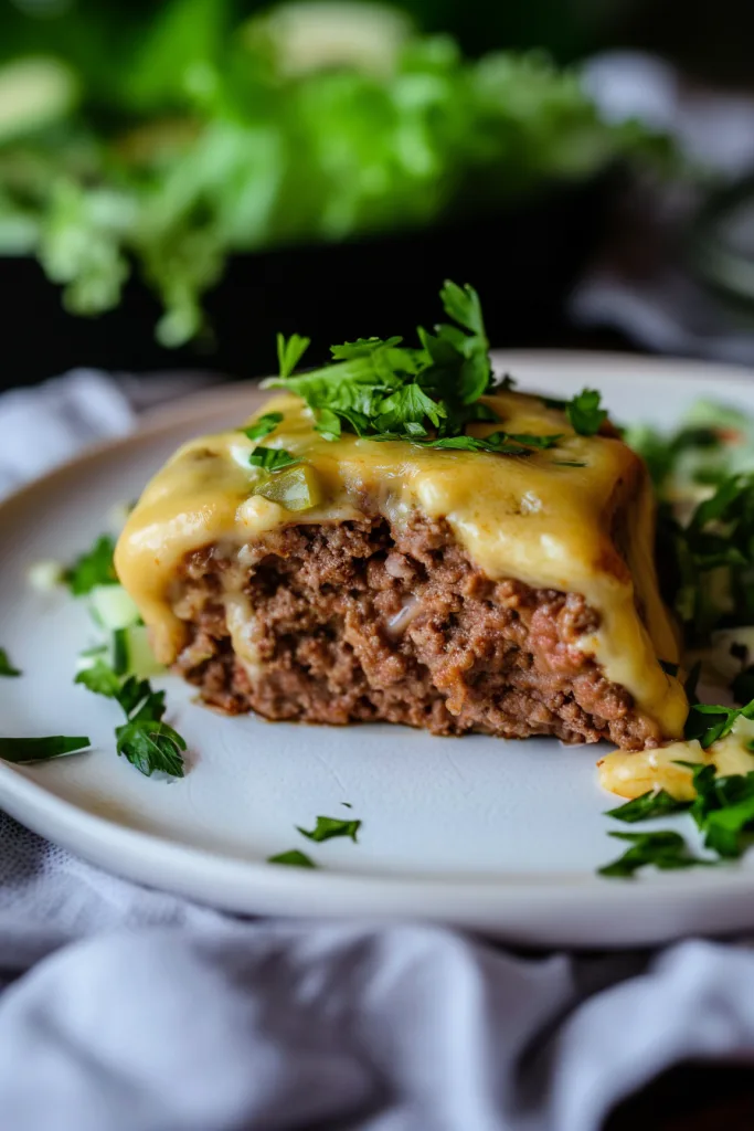 Savory meatloaf slice plated with melted cheese and colorful herbs.