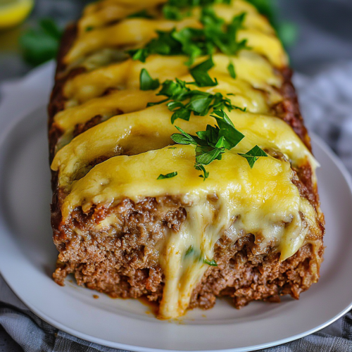 Final presentation of a hearty meatloaf topped with gooey cheese and fresh garnish.