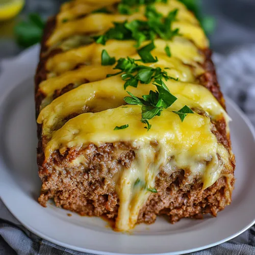 Final presentation of a hearty meatloaf topped with gooey cheese and fresh garnish.